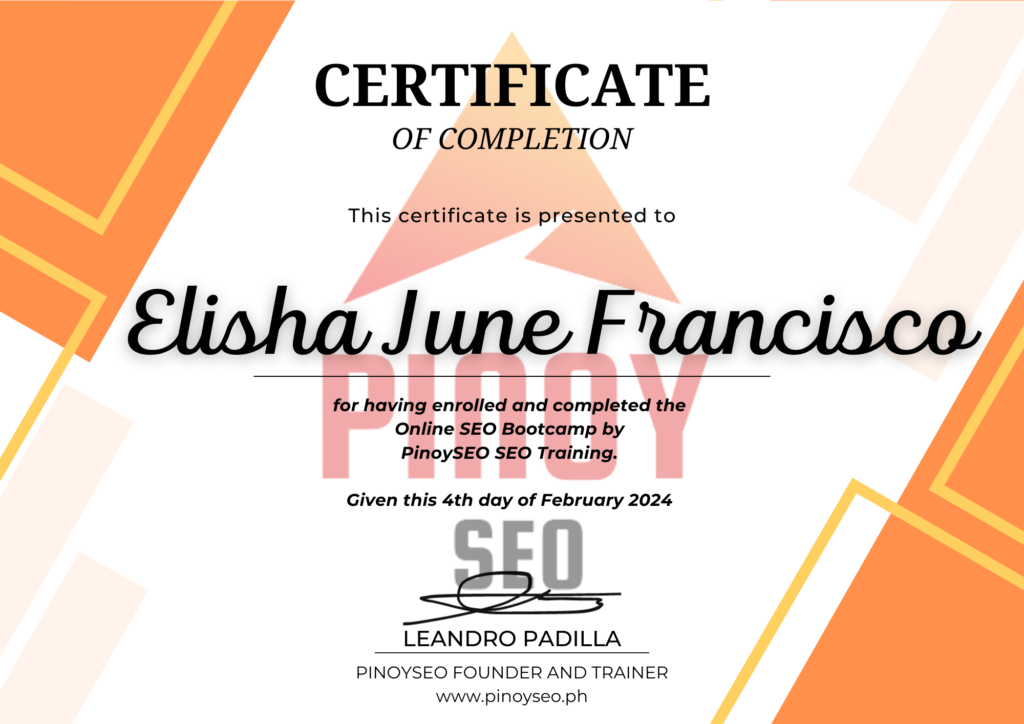 Certificate from Pinoy SEO on completing the bootcamp